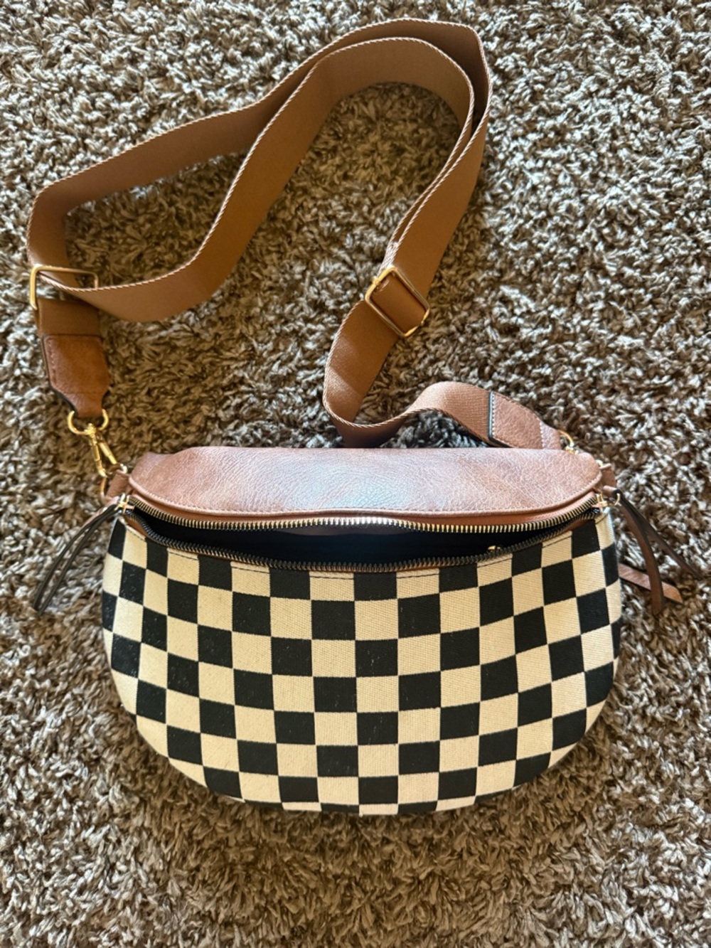 Checkerboard Canvas Crossbody Bag with Brown Trim